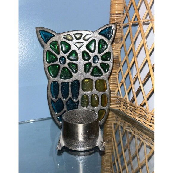 Vintage 6" Mosaic Stained Glass Brass Hoot Owl Votive Candle Holder MCM Boho - Picture 2 of 2